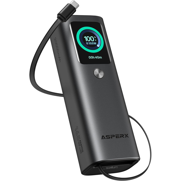 Power Bank AsperX 20000mAh 165W з USB-C кабелем, сумісний з MacBook, Dell, HP, Lenovo, iPad, iPhone, Galaxy
