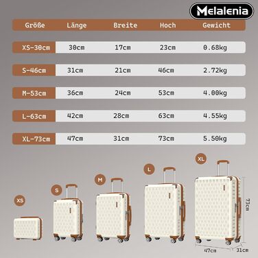 Набір валіз Melalenia 7 предметів з жорстким корпусом, легкий, на 4 колесах з TSA-замком. Включає косметичку, сумку для подорожей та кулькову косметичку (білий, 53 см, ручна поклажа 4 предм.)