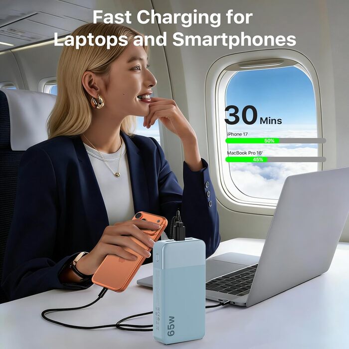 Powerbank NOBIS 20000mAh, 65W, з цифровим дисплеєм, Dual USB-C/USB-A, для ноутбука, телефону, планшета, зелений/блакитний