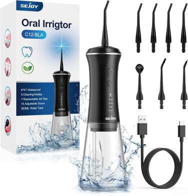 Електричний ірigator для порожнини рота Sejoy Munddusche з 5 режимами, 7 насадками, USB-C, водонепроникний IPX7, 350 мл, чорний