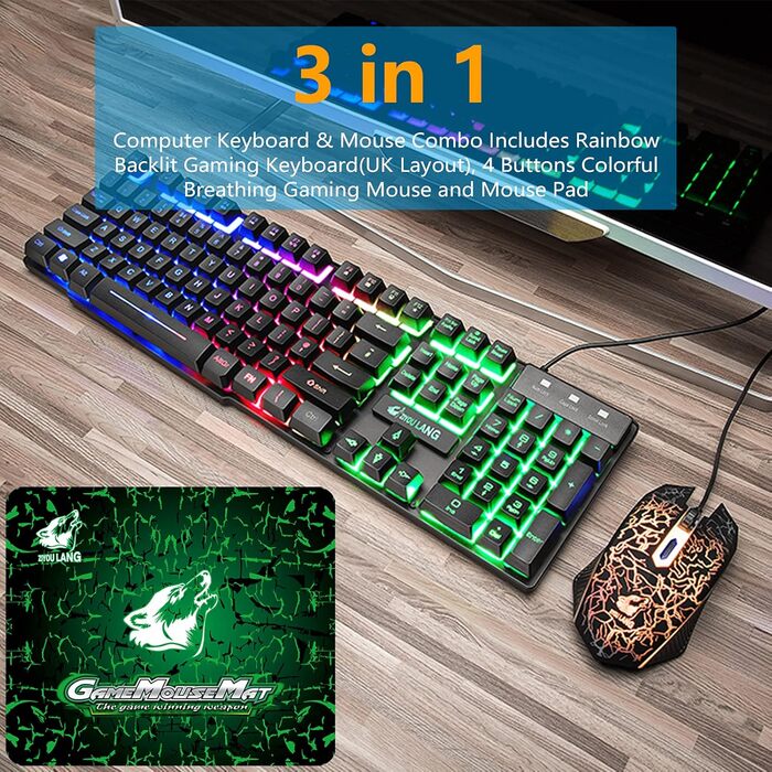 Ігровий набір клавіатури, навушників та миші, UK Layout, 104 клавіші, RGB підсвічування, 2400DPI, 7.1 Surround Sound, для PS4/Xbox (потрібен адаптер)