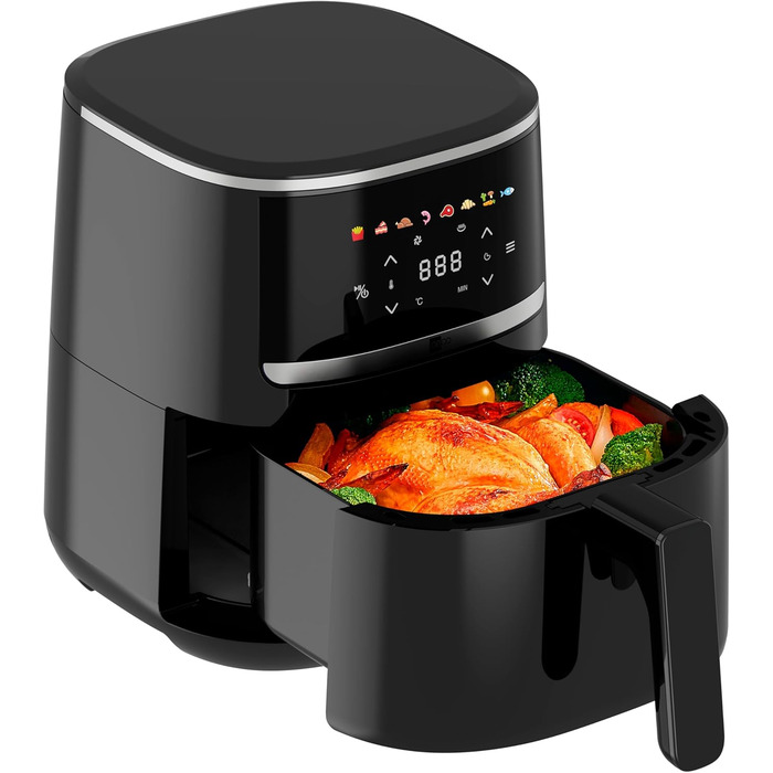 Аерофритюрниця aeco Compact 4,3 л з цифровим дисплеєм, 1500 Вт, 8 програм, регулювання температури 80–200°C, компактна, з книжкою рецептів