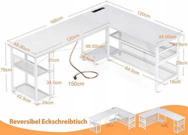 Кутовий ігровий комп'ютерний стіл 168x120 см, білий, з подовжувачем
