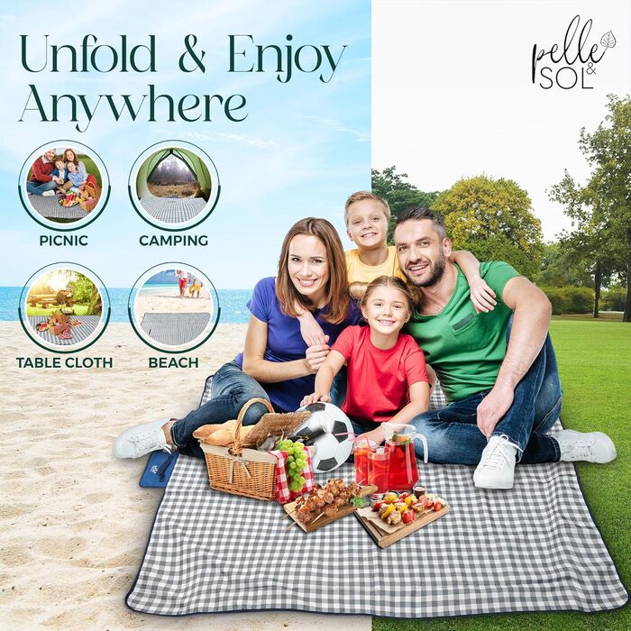 Пікнік-дека Pelle & Sol, водонепроникна, 200 x 140 см, складана, для відпочинку на природі, пляжна, з антиковзаючим покриттям, з ручкою, пісоко-стійка, придатна для прання, для саду, піших прогулянок, кемпінгу, блакитна