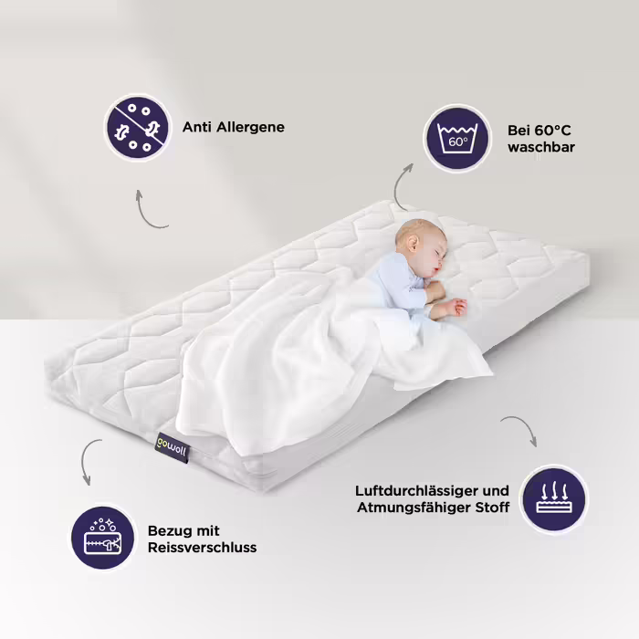 gowoll 70x160 cm cold foam mattress with anti-suffocation channel 6 cm height baby mattress for cot, children's bed, cabin bed and travel cot (Wave Baby) (Baby Mattress, 60 x 120 cm)