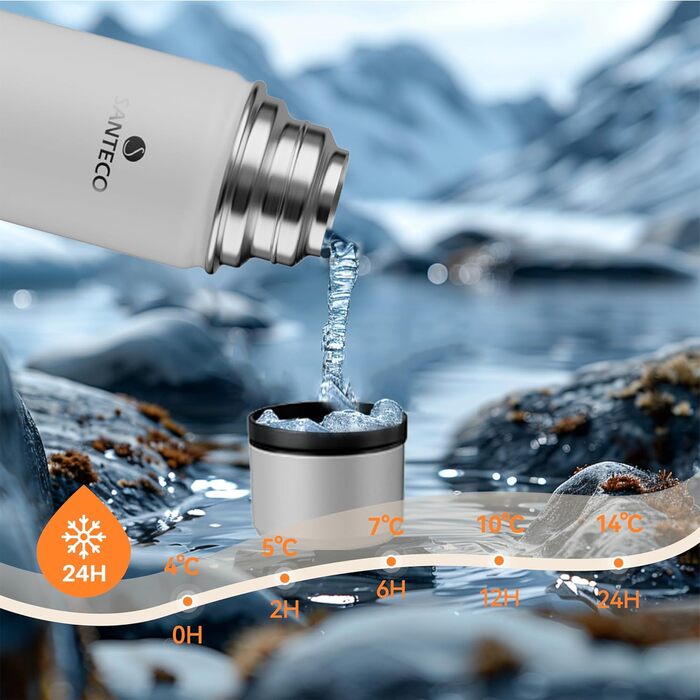 Термос-термокана з нержавіючої сталі SANTECO 1л, 500мл, не протікає, з кришкою-чашкою для подорожей. Термос для кави та чаю для дітей, спорту, без BPA, 24 години холод, 12 годин тепло (білий, 1000 мл)