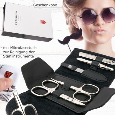 Набір манікюру DREI SCHWERTER 'Anzio III' 5 шт. | Набір для догляду за нігтями в шкіряному етажері чорного кольору | Зміст: кусачки для нігтів, ножиці для кутикули, пінцет, алмамна пилка для нігтів, засіб для очищення нігтів (шкіряний етажер - чорний Anzi