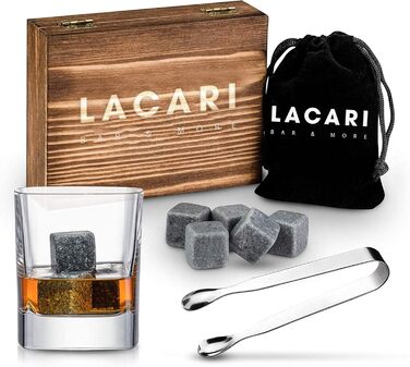 Камені для віскі Lacari ORIGINAL | 9 шт. багаторазові кубики льоду | Набір для віскі з дерев'яною коробкою, щипцями та мішечком | Не розбавляють віскі, ром, джин | Подарунок на день народження