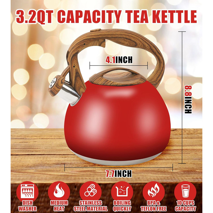 Чайник-свисток Foedo з нержавіючої сталі з дерев'яною ручкою, 3.2 л, градієнт червоного кольору, для чаю, кави та молока, класичний дизайн