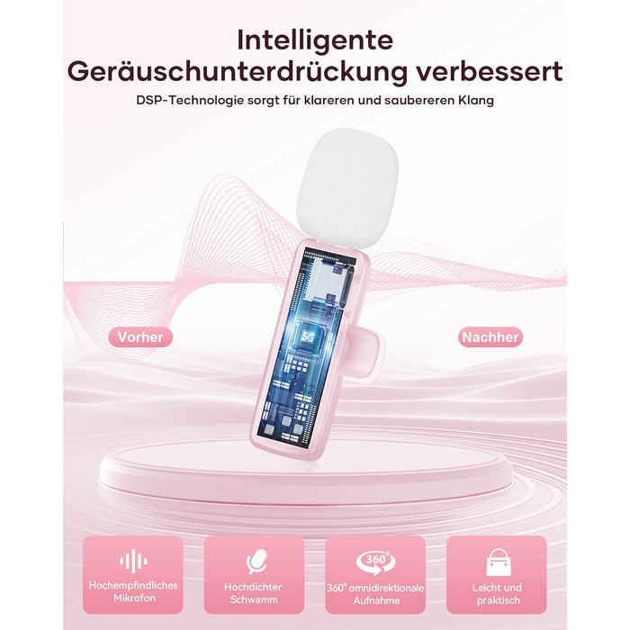 Беспроводной петличный микрофон 2шт, для iPhone, iPad, Android, с шумоподавлением, Plug & Play, для видео, подкастов, YouTube, TikTok (Рожевий)