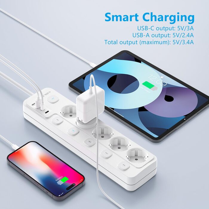 Смуга розеток JSVER на 5 розеток з індивідуальним вимикачем, 2 USB-A та 2 USB-C (17W), 2м кабель живлення для смартфонів та ноутбуків - білий