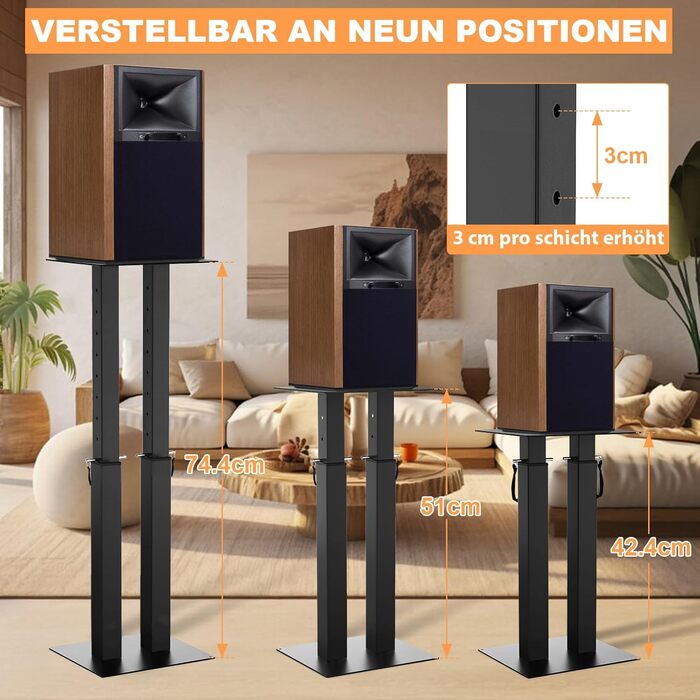 Регульовані підставки для колонок з кабельний-менеджментом, комплект 2 шт, стійки для підлогових динаміків з протиковзаючими килимками EVA, навантаження до 10 кг, 26 x 22 x (42-74.5) см