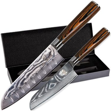 Набір ножів кухонних Wolfblood Santoku Дамаск (30 см та 24 см) - 67 шарів, сталь 62 HRC, дерев'яна ручка, подарункова коробка