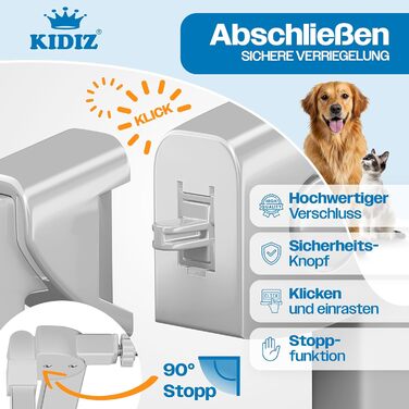 Захист для сходів KIDIZ без свердління | Ширина: 74-80 см, висота 75 см | Захист від падіння для дітей та собак | Одноручний відкривання, система Open-Stop 90°, сірий