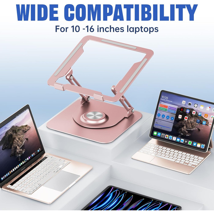 Adjustable Laptop Stand for Desk - 360° Rotating Base, Foldable & Portable - Fits 10-17 inch Laptops (Rose Gold)