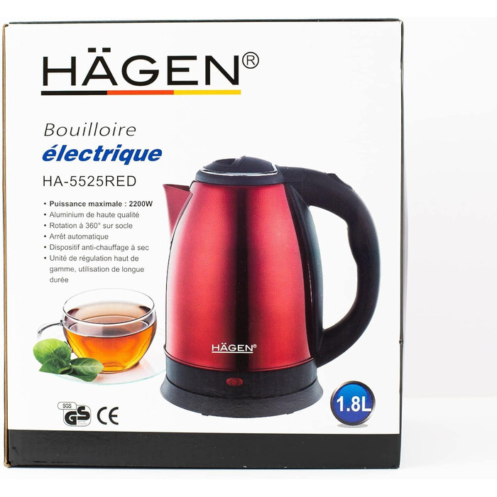 Електричний бездротовий чайник Hagen HA5525-RED червоного кольору, 1.8L з нержавіючої сталі