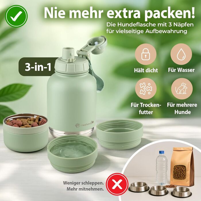 Hana Pets: Фляга для води для собак 1л з мисками - Ідеальна для подорожей та активного відпочинку. Ізольована фляга з нержавіючої сталі з мисками, зручний ручний тримач.