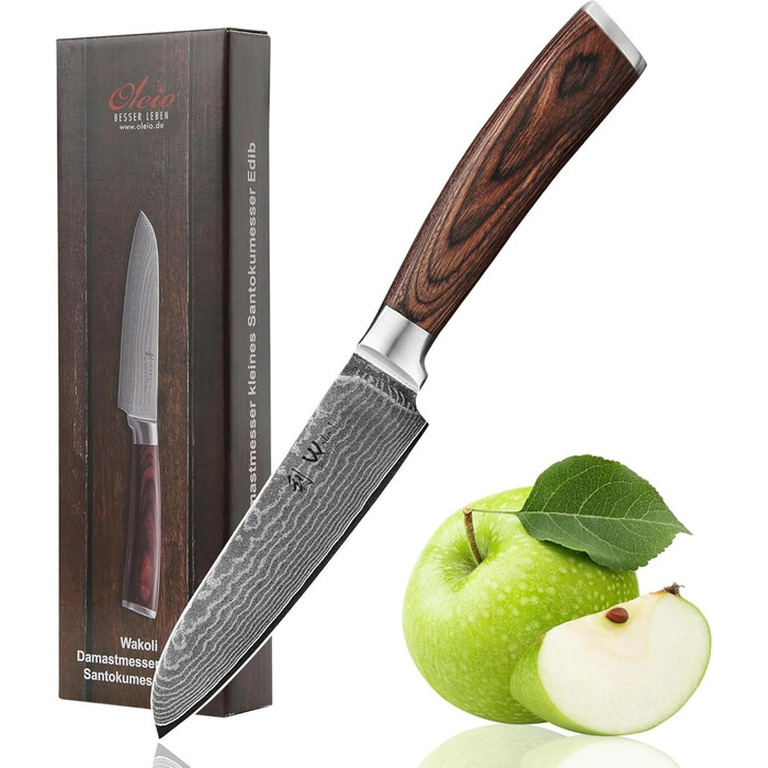 Професійний кухонний ніж Santoku Wakoli Edib Damast 12 см з 67-шарової дамаської сталі VG10, рукоятка з пакка-дерева, у подарунковій коробці