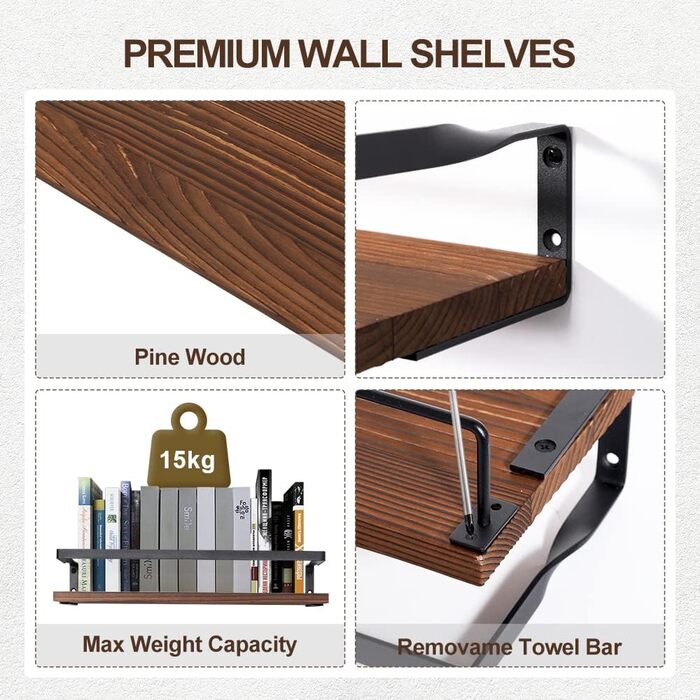 Настінна полиця з дерева, 2 шт. у комплекті, світло-коричнева, для спальні, вітальні, ванної кімнати, кухні, офісу (ретро-кавовий колір)