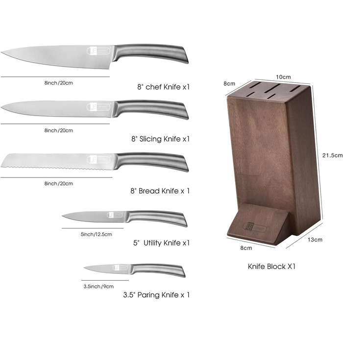 Набір кухонних ножів JF JAMES.F з дерев'яним блоком, 5 предметів: гострі ножі з нержавіючої сталі, ергономічні, для кухні, кухонний набір, подарунок