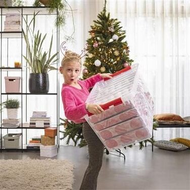 Sunware Q-Series Box for Christmas decorations with shelves for 116 baubles, transparent/red, one size