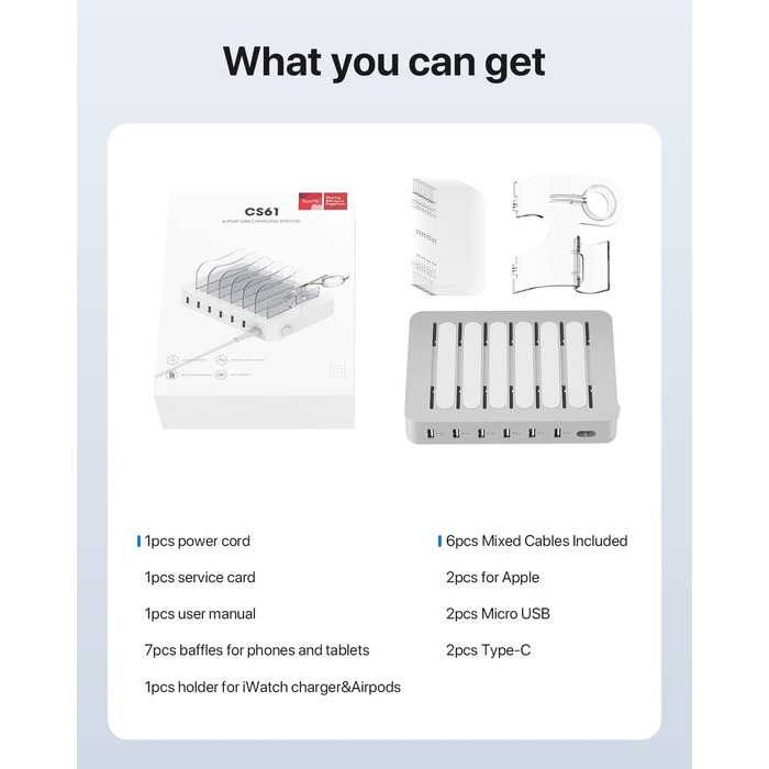 Зарядна станція SooPii USB, 6 портів 50W, з кабелями та тримачем для iWatch, біла (срібло)