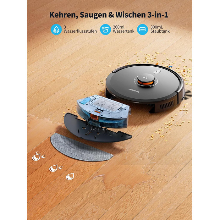 Робот-пилосос Airzeen Q10 Pro S з вологою, 6000Pa, LiDAR, керування через APP та Alexa, для дому, килимів, шерсті тварин, чорний