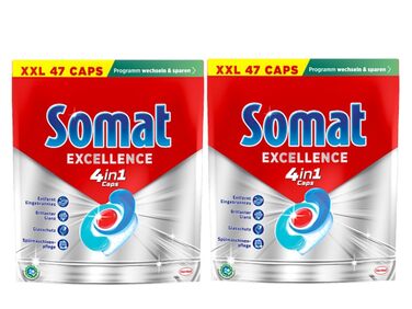 Капсули для посудомийних машин Somat Excellence 4in1, швидкорозчинні та без запаху, для ідеальної чистоти та блиску в Eco-режимі, 176 шт (47 шт x 4 пак)
