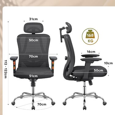 Офісне крісло Devaise: ергономічне крісло з регульованою підголівником та поперековою підтримкою, 3D-підлокітники, 3-рівневий нахил, дихаюча сітчаста тканина для дому та офісу (Чорний)