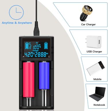 Зарядний пристрій LCD для акумуляторів AA, AAA, 18650, 26650, 21700, RCR123A, NI-MH/NI-Cd, 3.7V/1.2V, 2A, з дисплеєм