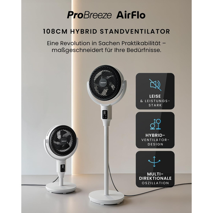 Standventilлятор Pro Breeze AirFlo 109 см з пульт. керування та LED-дисплеєм – 2 режими, гойдання, 29 дБ, регулювання висоти, енергоефективний для спальні, офісу та дому.