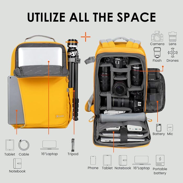 Рюкзак для камери Tarion TR-XL жовтий, водонепроникний, для DSLR з відділенням для ноутбука 15.6 дюймів та дощовиком