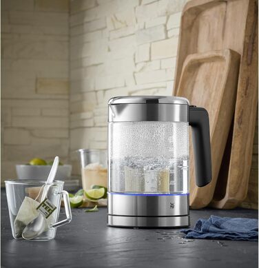 WMF Kitchenminis Kettle Glass 1 Liter, Cordless Small Kettle, Water Level Indicator, Scale Filter, Automatic Shut-Off, 1900 Watts, Cromargan Matt Single