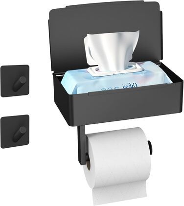 Тримач туалетного паперу SURFOU без свердління, чорний, 3-в-1, з боксом для вологих серветок, нержавіюча сталь, для ванної кімнати/туалету
