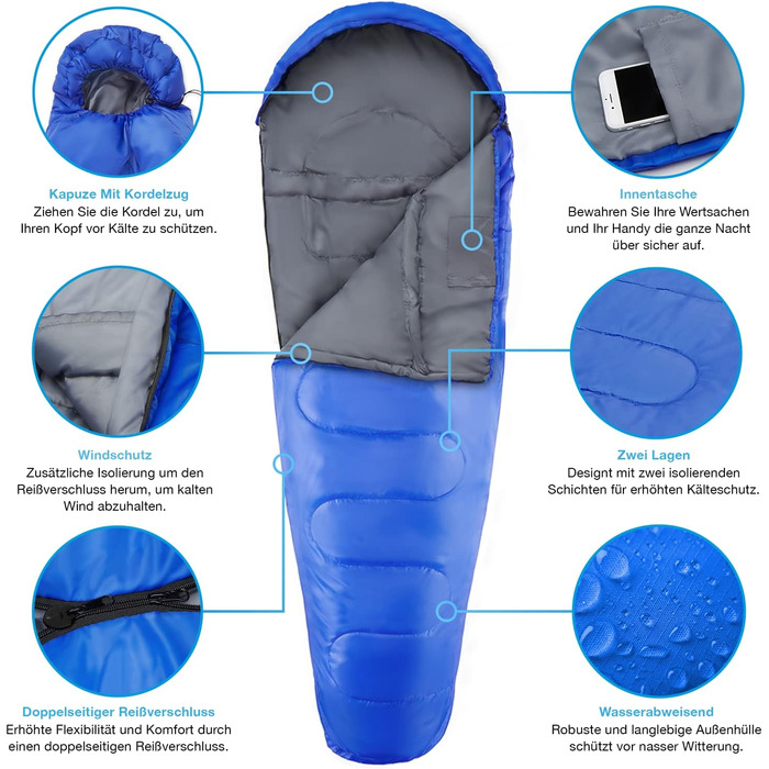 Сплячий мішок Active Era Mumienschlafsack – зимовий та літній, водонепроникний, вітрозахисний, ультралегкий, температурний режим -10°C до 10°C, компактний, для кемпінгу (блакитний)