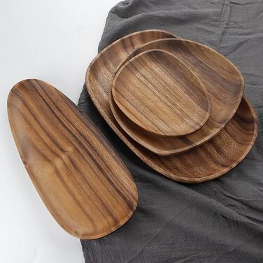 Set of 4 Serving Trays, Irregular Round Wooden Plates & Platters for Snacks, Cheese, Appetizers, Dessert, Sushi, Fruit, Salad, Wooden Serving Board