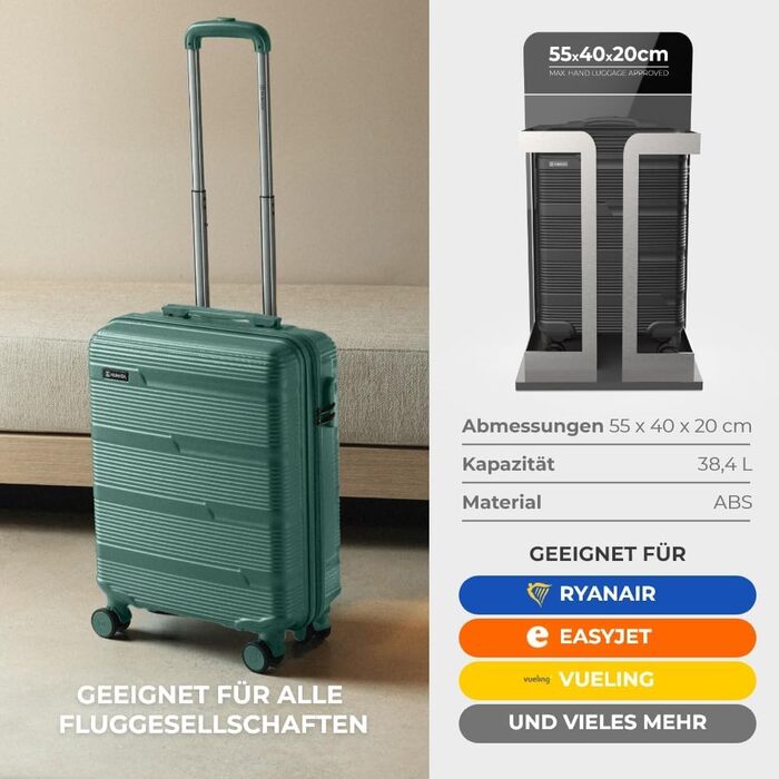 Набір валіз NUMADA 4 шт. Upfly T10 ABS: ручна, середня та велика валіза, косметичка. Міцний набір валіз з ABS пластику 55x40x20, 60L, 78L