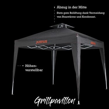 JUSTUS Grill Pavilion, foldable outdoor canopy for the garden, easy and quick assembly, special polyester cover, 250 x 250 x 260 cm, Black
