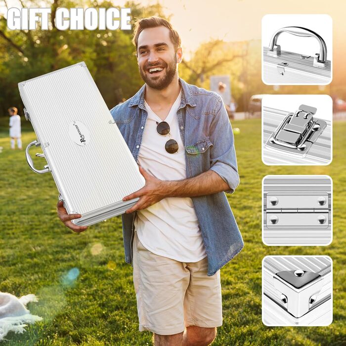 Набір інструментів для грилю ROMANTICIST 31 шт. з нержавіючої сталі, міцний аксесуар для грилю для чоловіків та жінок, набір кухонного приладдя з термометром у алюмінієвому кейсі для відпочинку на природі, кемпінгу, срібний