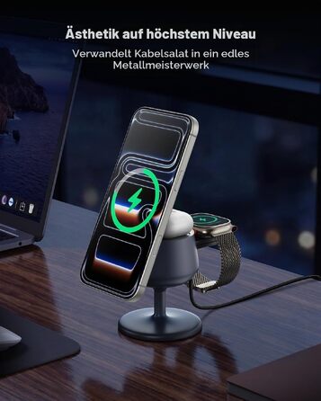 Бездротова зарядна станція 3-в-1 GEEKERA Qi2.2 25W для Apple: MagSafe зарядний пристрій для iPhone 17/16/12, Apple Watch та AirPods, адаптер GaN 45W, Phantom Grey