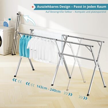 Сушарка для білизни JAUREE 160 см, розкладна, з нержавіючої сталі, для дому та вулиці, міцна, велика, з 20 гачками, 240 см