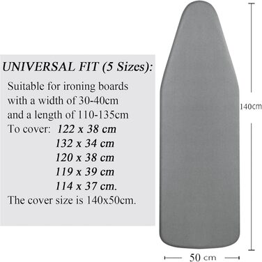 Чохол для прасувальної дошки Yizunnu 140 x 50 см, товсте ущільнення, шнурок для фіксації, регульована застібка, простий монтаж, стійкий до подряпин (сріблясто-сірий лак)