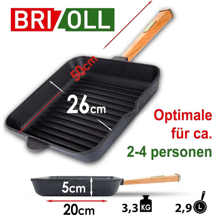 Чавунна сковорода гриль 26 см з дерев'яною ручкою для газових грилів, духовки, індукції та відкритого вогню