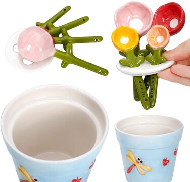 Ceramic Measuring Spoon Set in Jar – Cute Measuring Cups, Spoons for Dry and Wet Ingredients, 1 Tablespoon, 1 Teaspoon, 1/2 Teaspoon, 1/4 Teaspoon, 1 Cup