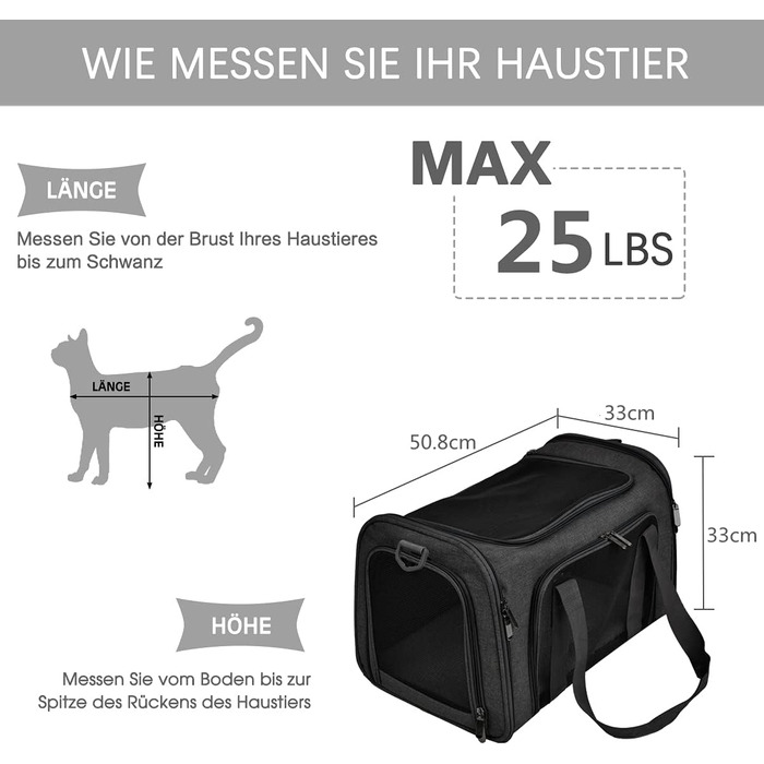Транспортна сумка для кота та собаки, складана переноска для домашніх тварин середнього розміру (51x33x33 см, чорна)