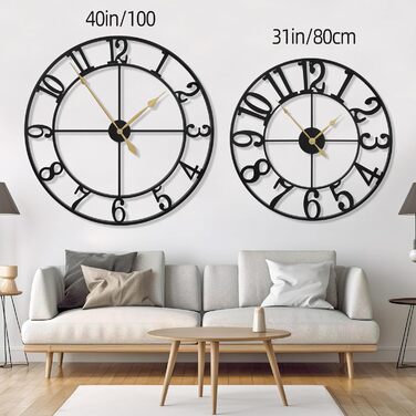 HAITANG Large Vintage Wall Clock, round, metal silent (no ticking), battery-powered, 40cm, 16 inch Roman numerals, clocks for living room, bedroom, kitchen wall decor (Black Arabic numerals, 80 cm)