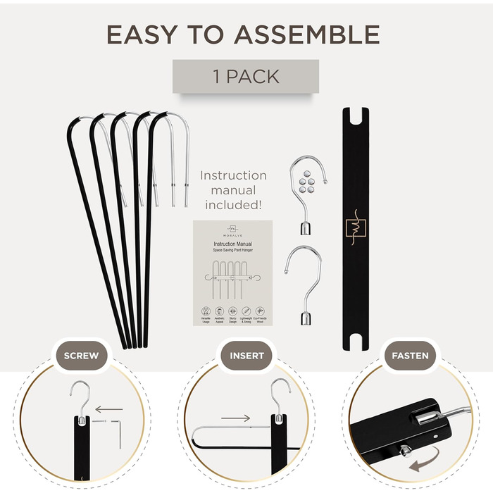 Дві дерев'яні вішалки для одягу Moralve: економія місця, для шафи, підійдуть для джинсів, шарфів, чорного кольору