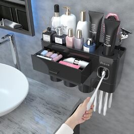 IHave Toothbrush Holder for Bathroom Storage, 3 Cup Toothbrush Holder Wall Mounted with Automatic Toothpaste Dispenser, Large Capacity Toothbrush Holder Bathroom Accessories Black