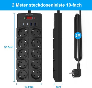 Многорозетка IECOPOWER з USB (PD 20W), захистом від перенапруги, 4000W/16A, 1050 Дж, 2 м, з вимикачем, чорна