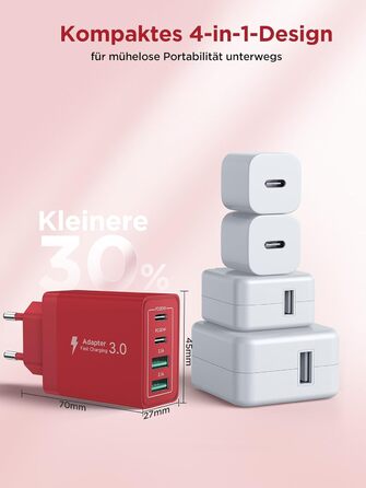 Зарядний пристрій USB-C 4-портовий 40W з Quick Charge для iPhone, Samsung та інших пристроїв (Червоний)